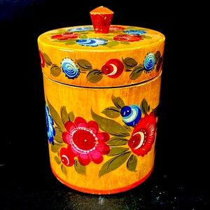 - Vintage 6” Russian  wood canister with handpainted floral design